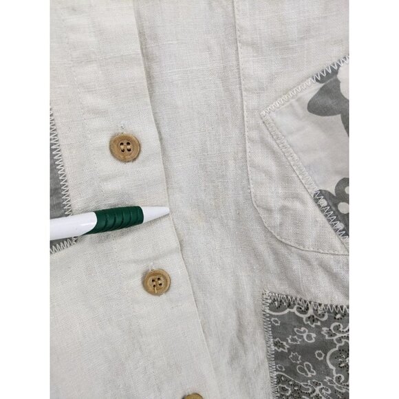 Red Rover Button Up Shirt Linen Cotton Blend Bandana Floral Patches Large L - Picture 8 of 9